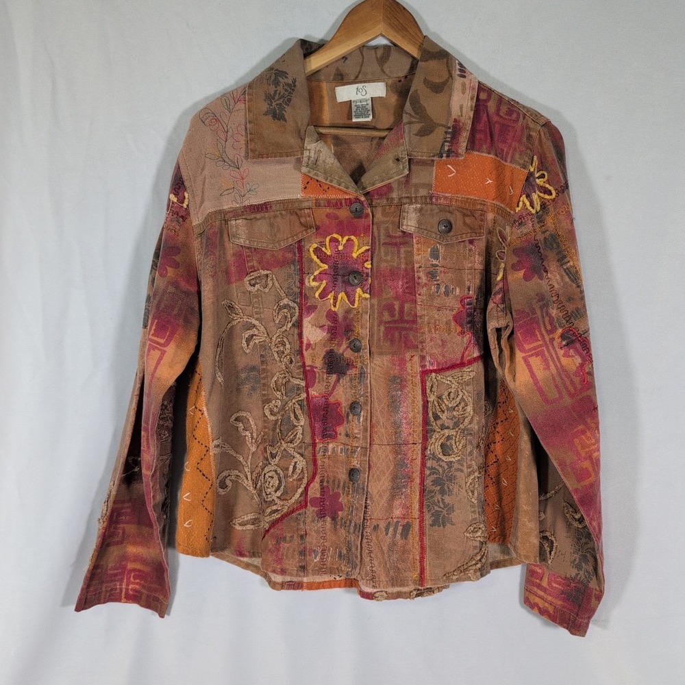 VTG Patchwork Jacket L Boho Embroidered Applique Art To Wear